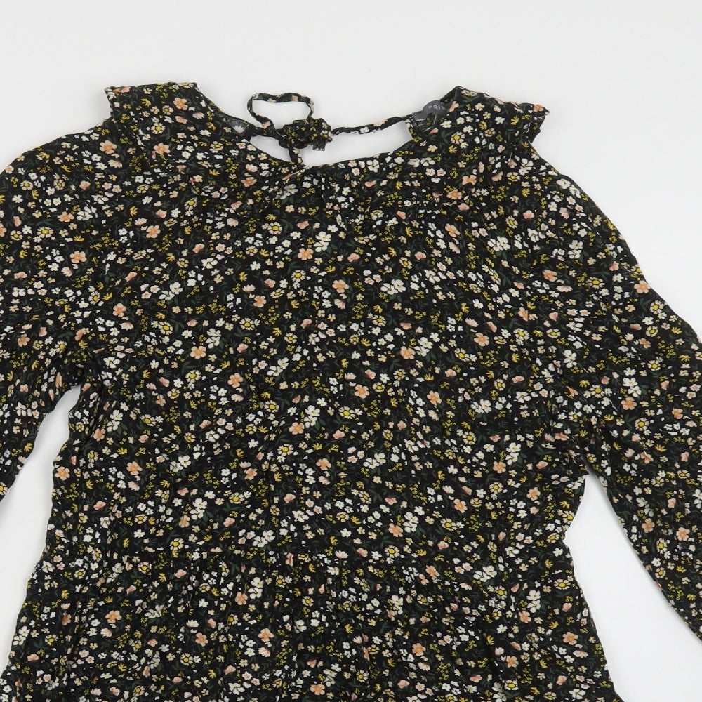 Primark Womens Black Floral Viscose A-Line Size 12 Collared Tie