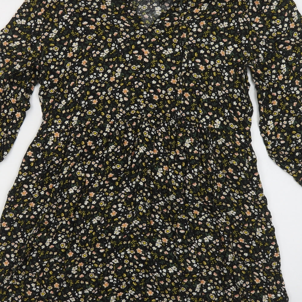 Primark Womens Black Floral Viscose A-Line Size 12 Collared Tie