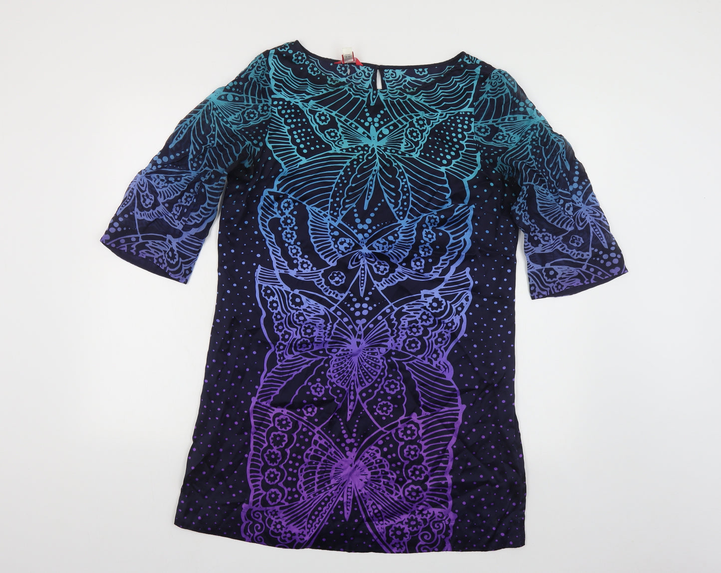 Monsoon Womens Multicoloured Geometric Silk Tunic Blouse Size 14 Boat Neck - Butterfly Print