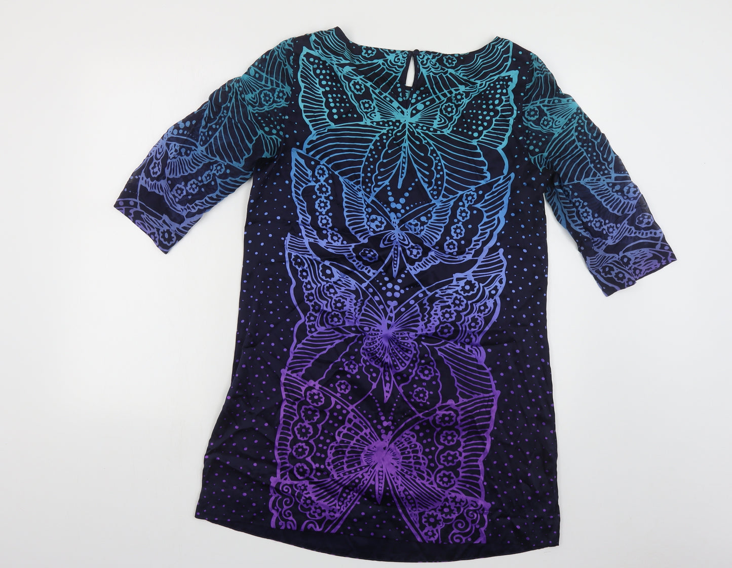 Monsoon Womens Multicoloured Geometric Silk Tunic Blouse Size 14 Boat Neck - Butterfly Print
