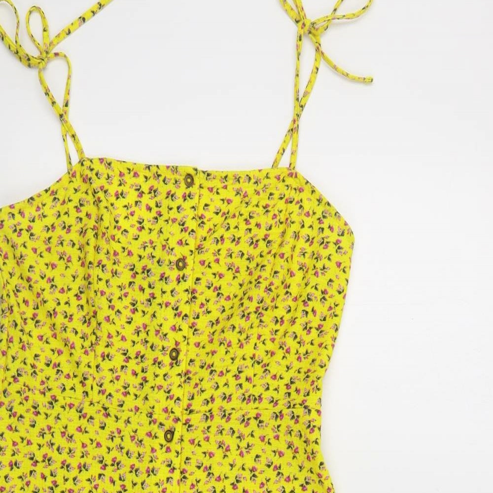 Topshop Womens Yellow Floral Polyester Tank Dress Size 8 Square Neck Button