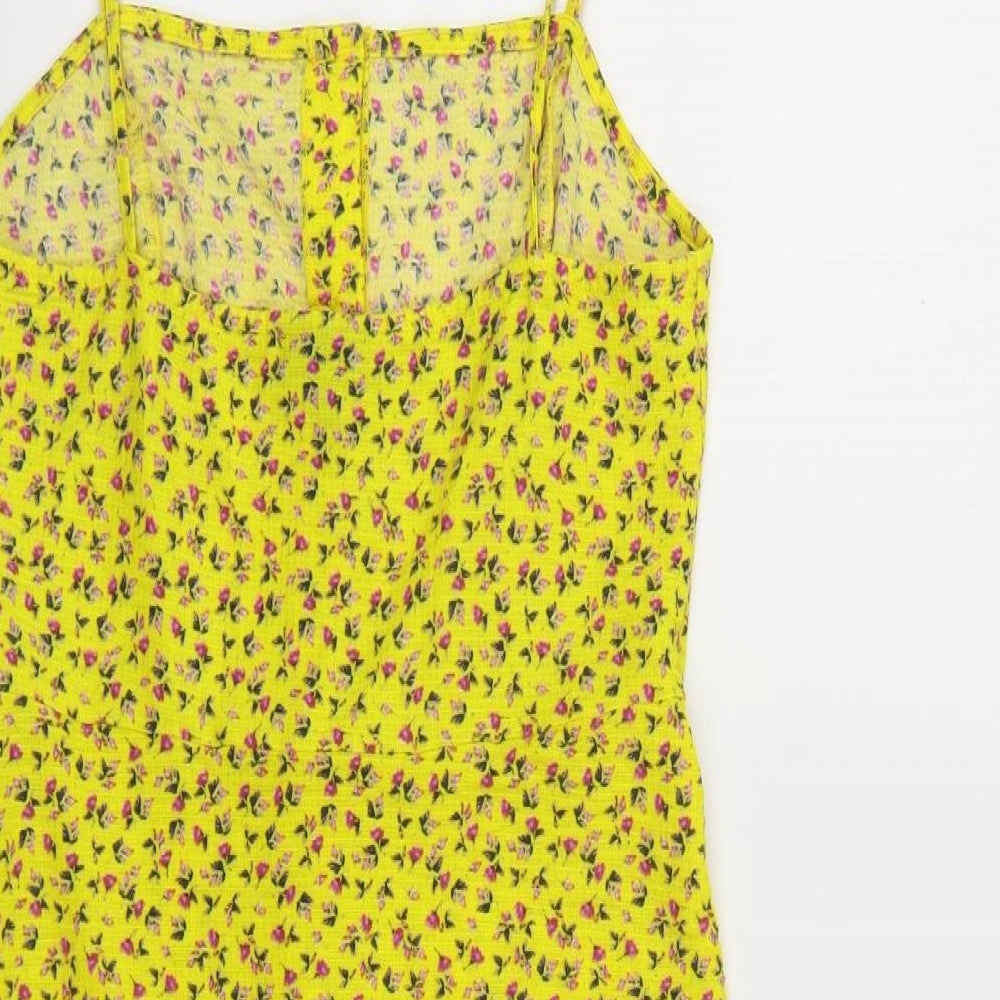 Topshop Womens Yellow Floral Polyester Tank Dress Size 8 Square Neck Button
