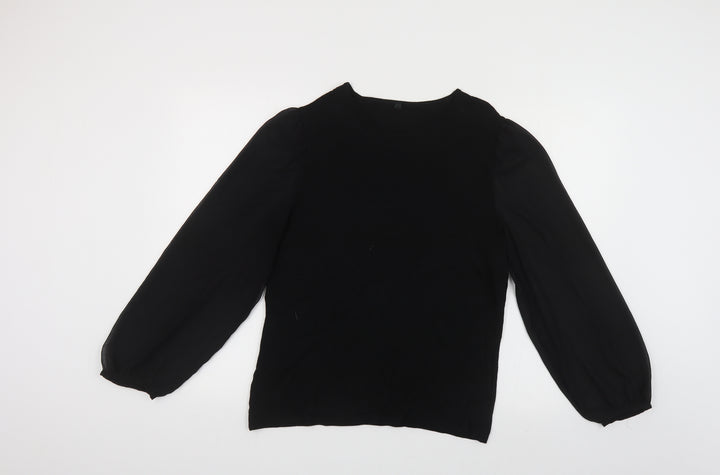 United Colors of Benetton Womens Black Viscose Basic Button-Up Size M Round Neck - Sheer Sleeves