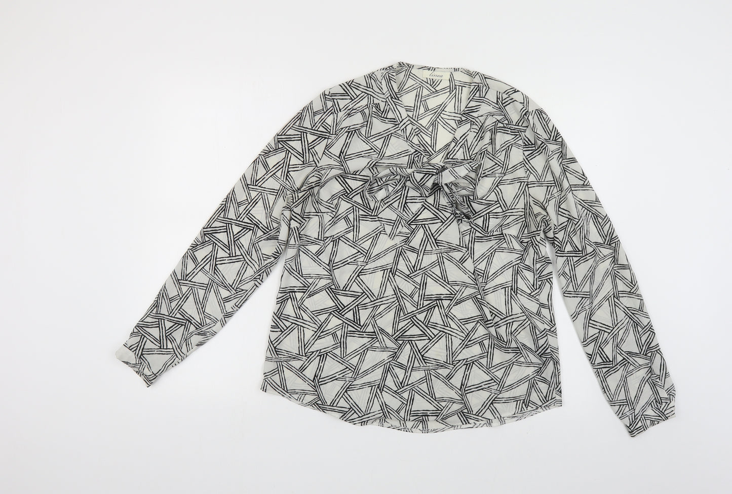 Linea Womens White Geometric Polyester Basic Blouse Size 12 V-Neck - Pussy Bow