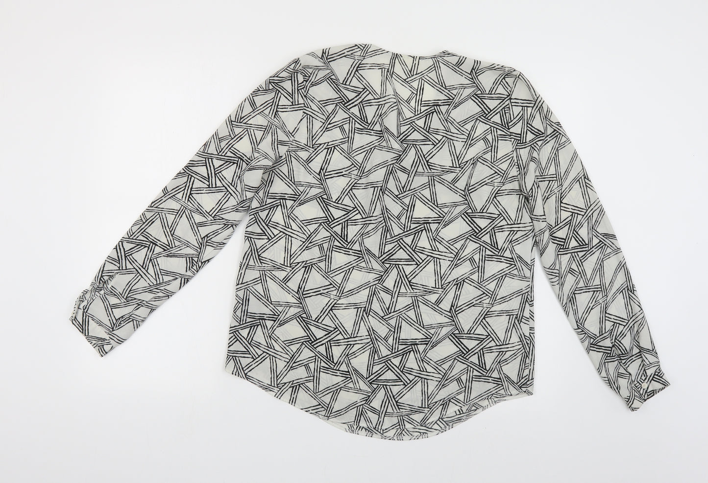 Linea Womens White Geometric Polyester Basic Blouse Size 12 V-Neck - Pussy Bow