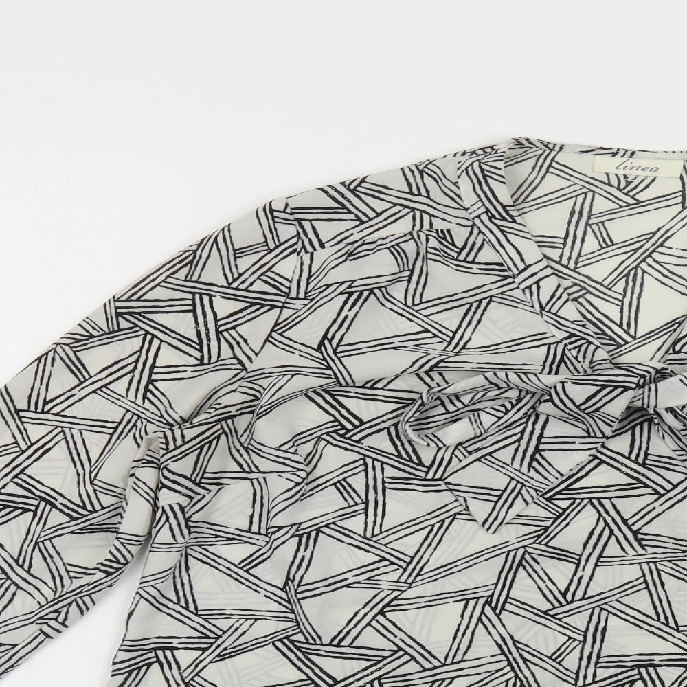 Linea Womens White Geometric Polyester Basic Blouse Size 12 V-Neck - Pussy Bow