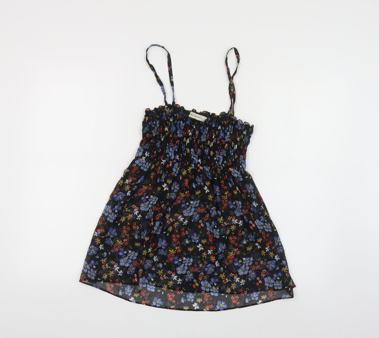 Zara Womens Black Floral Polyester Cropped T-Shirt Size M Square Neck