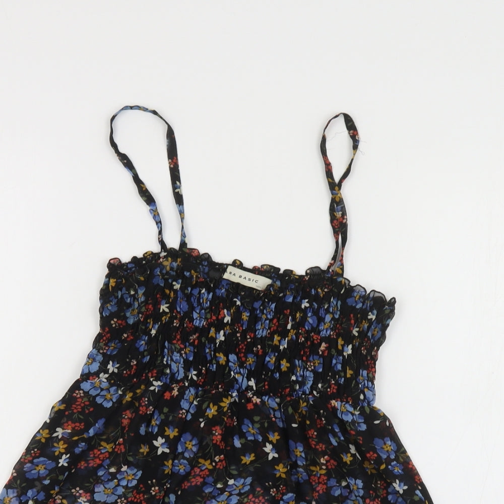 Zara Womens Black Floral Polyester Cropped T-Shirt Size M Square Neck