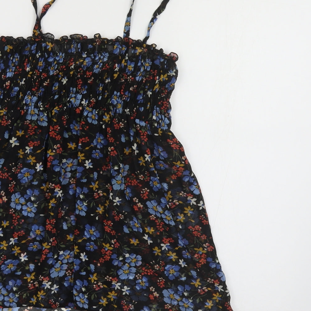 Zara Womens Black Floral Polyester Cropped T-Shirt Size M Square Neck