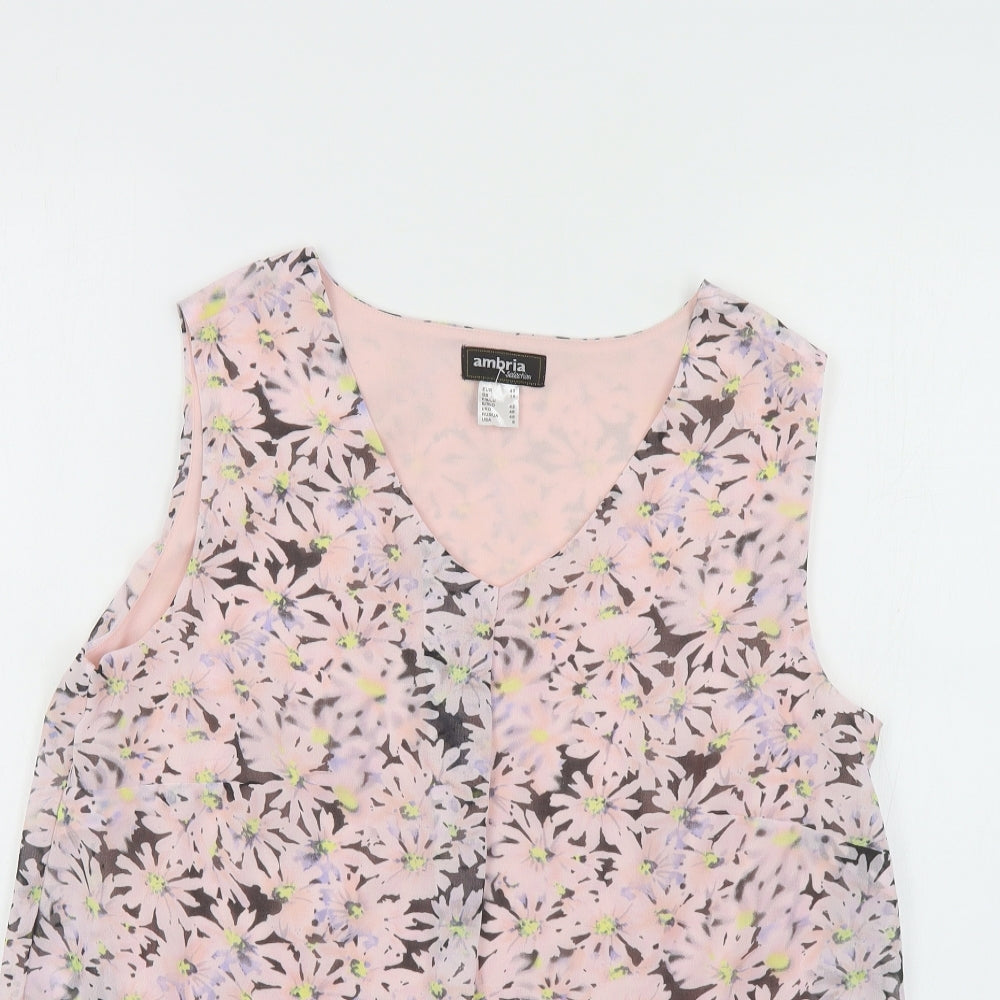 Ambria Womens Pink Floral Polyester Basic Tank Size 14 V-Neck