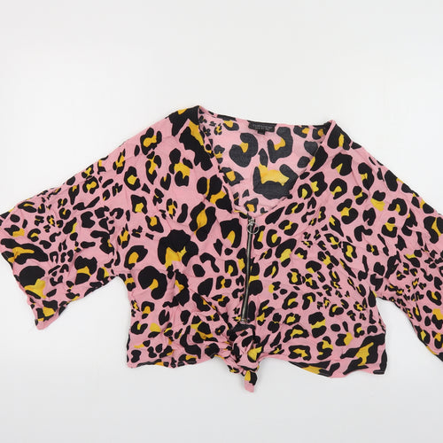 Topshop Womens Pink Animal Print Viscose Cropped Blouse Size 10 V-Neck - Tie Front