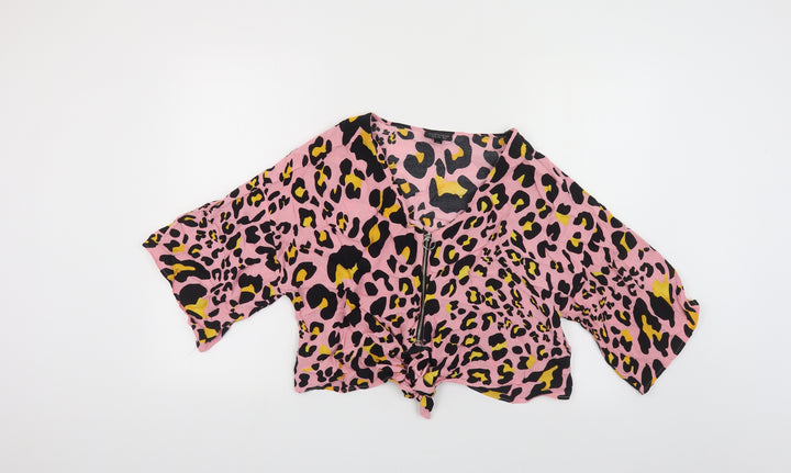 Topshop Womens Pink Animal Print Viscose Cropped Blouse Size 10 V-Neck - Tie Front