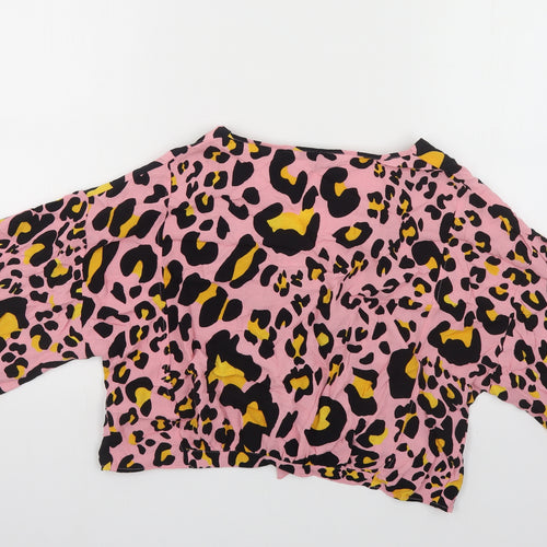Topshop Womens Pink Animal Print Viscose Cropped Blouse Size 10 V-Neck - Tie Front