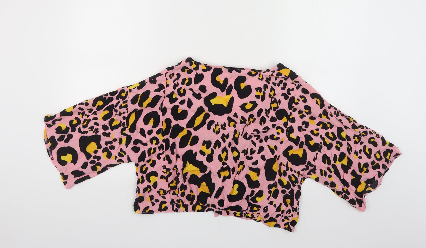 Topshop Womens Pink Animal Print Viscose Cropped Blouse Size 10 V-Neck - Tie Front