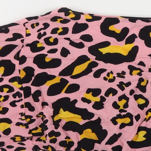 Topshop Womens Pink Animal Print Viscose Cropped Blouse Size 10 V-Neck - Tie Front