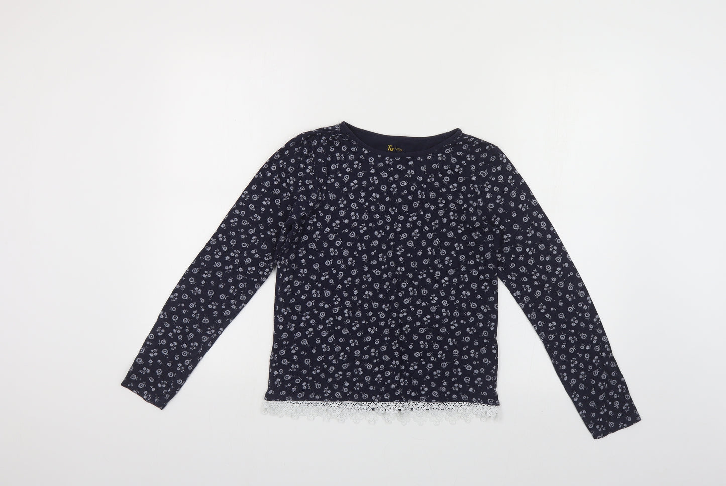 TU Girls Blue Floral Cotton Pullover Polo Size 12 Years Round Neck Pullover - Lace Trim