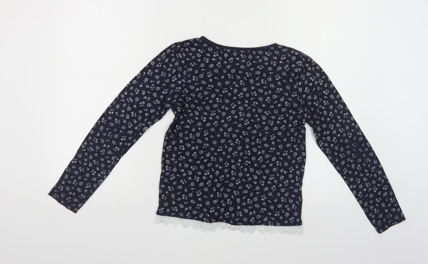 TU Girls Blue Floral Cotton Pullover Polo Size 12 Years Round Neck Pullover - Lace Trim