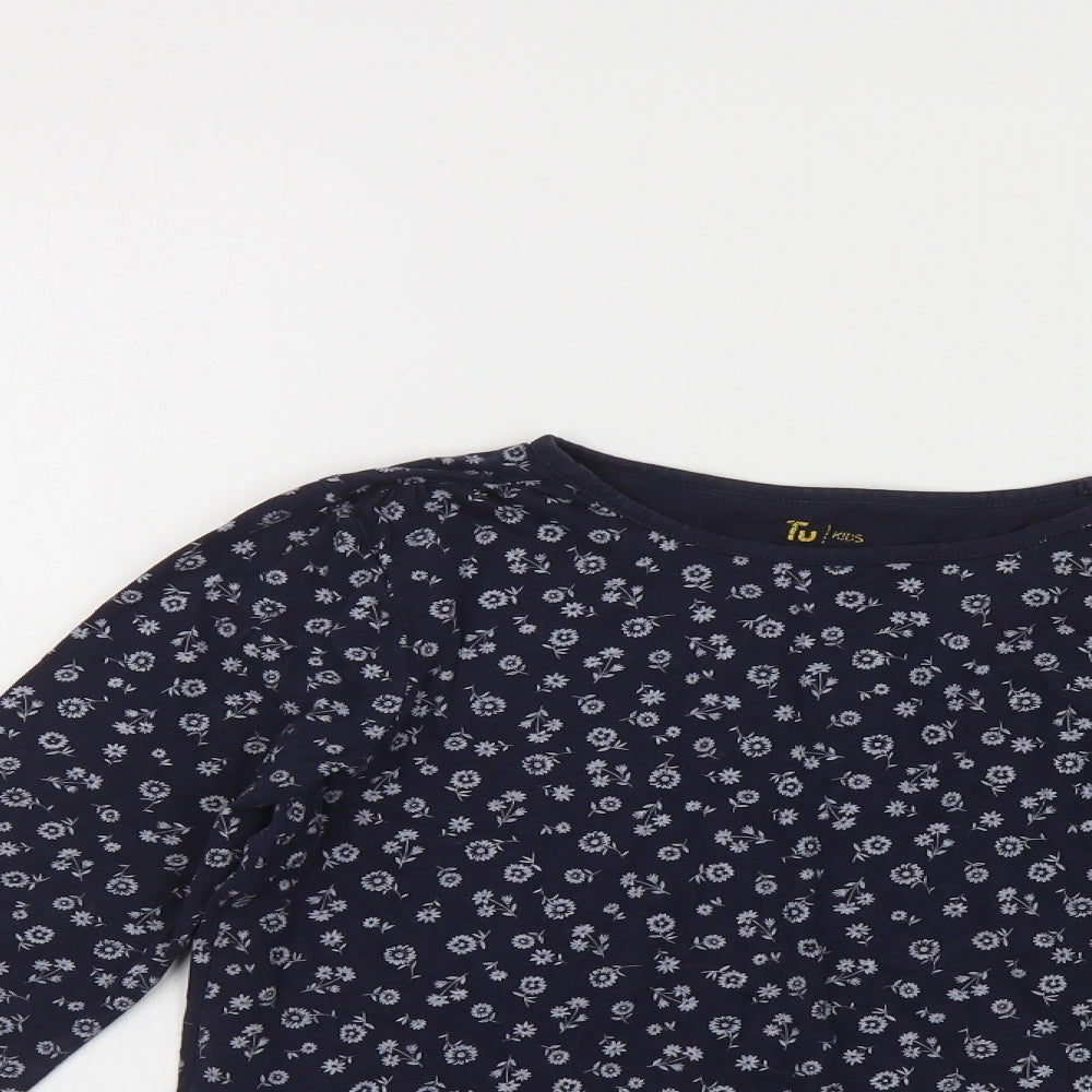 TU Girls Blue Floral Cotton Pullover Polo Size 12 Years Round Neck Pullover - Lace Trim