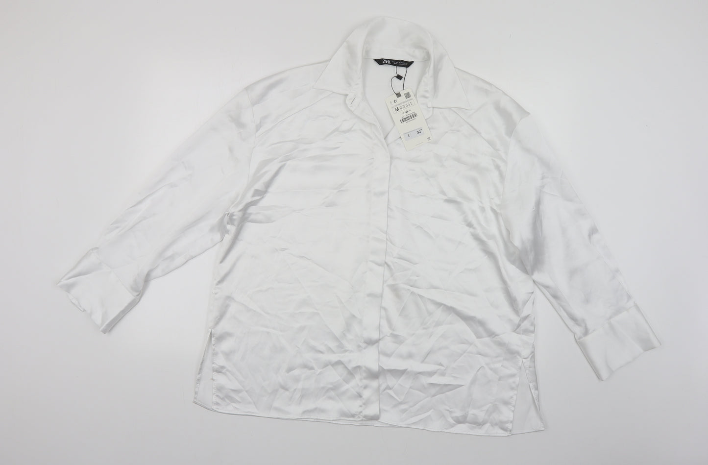 Zara Womens White Polyester Basic Button-Up Size M Collared