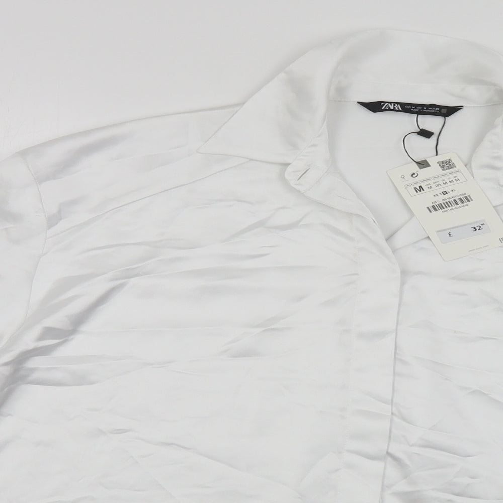Zara Womens White Polyester Basic Button-Up Size M Collared