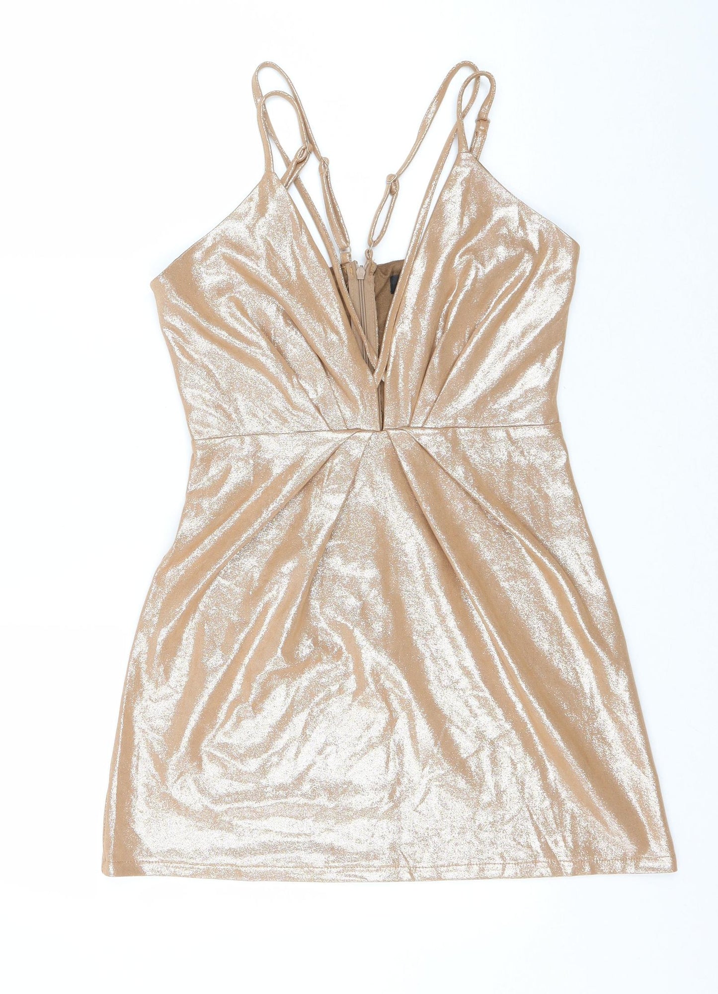 Misguided Womens Gold Polyester Tank Dress Size 8 V-Neck Zip