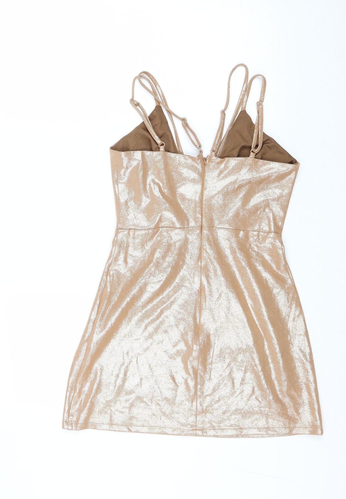Misguided Womens Gold Polyester Tank Dress Size 8 V-Neck Zip