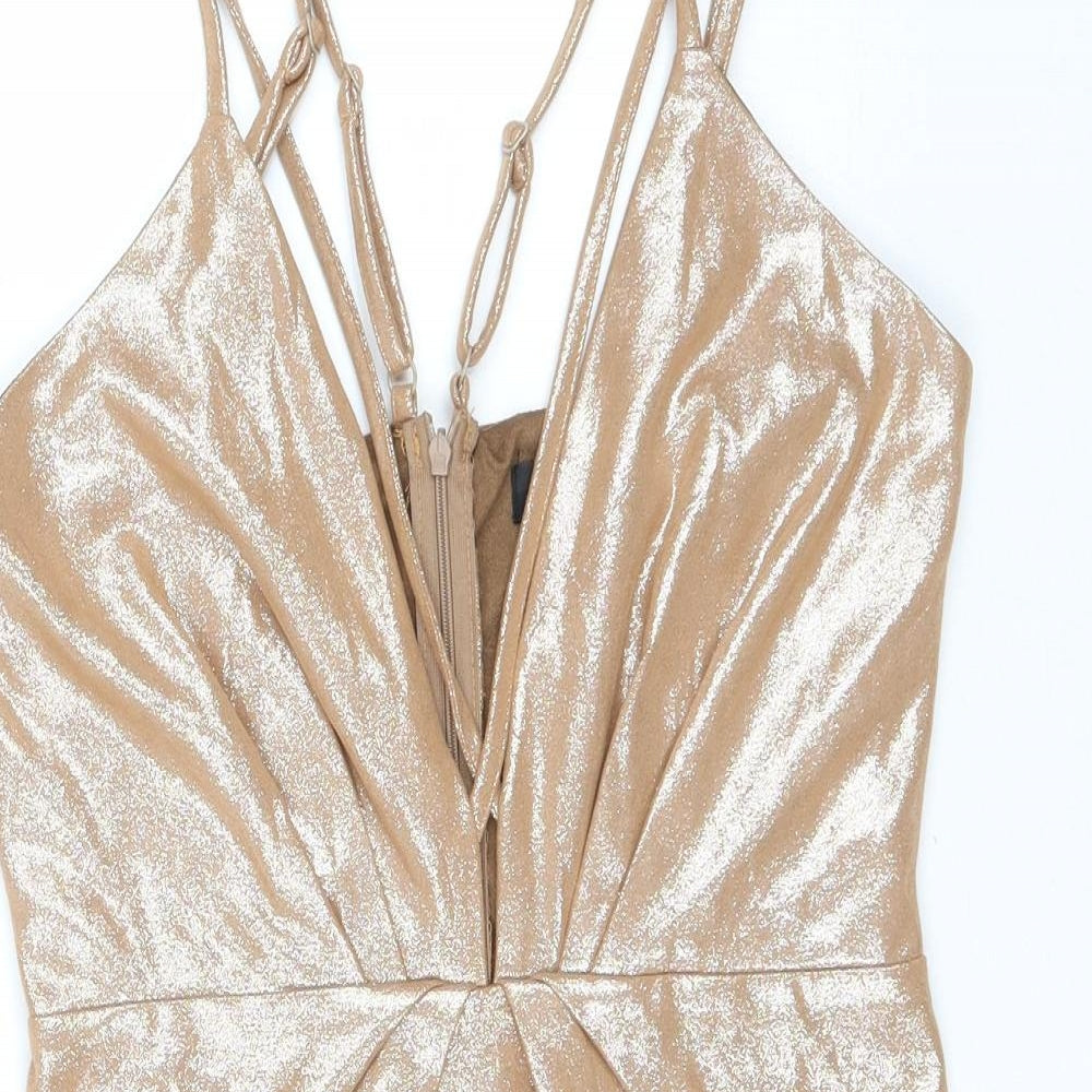Misguided Womens Gold Polyester Tank Dress Size 8 V-Neck Zip
