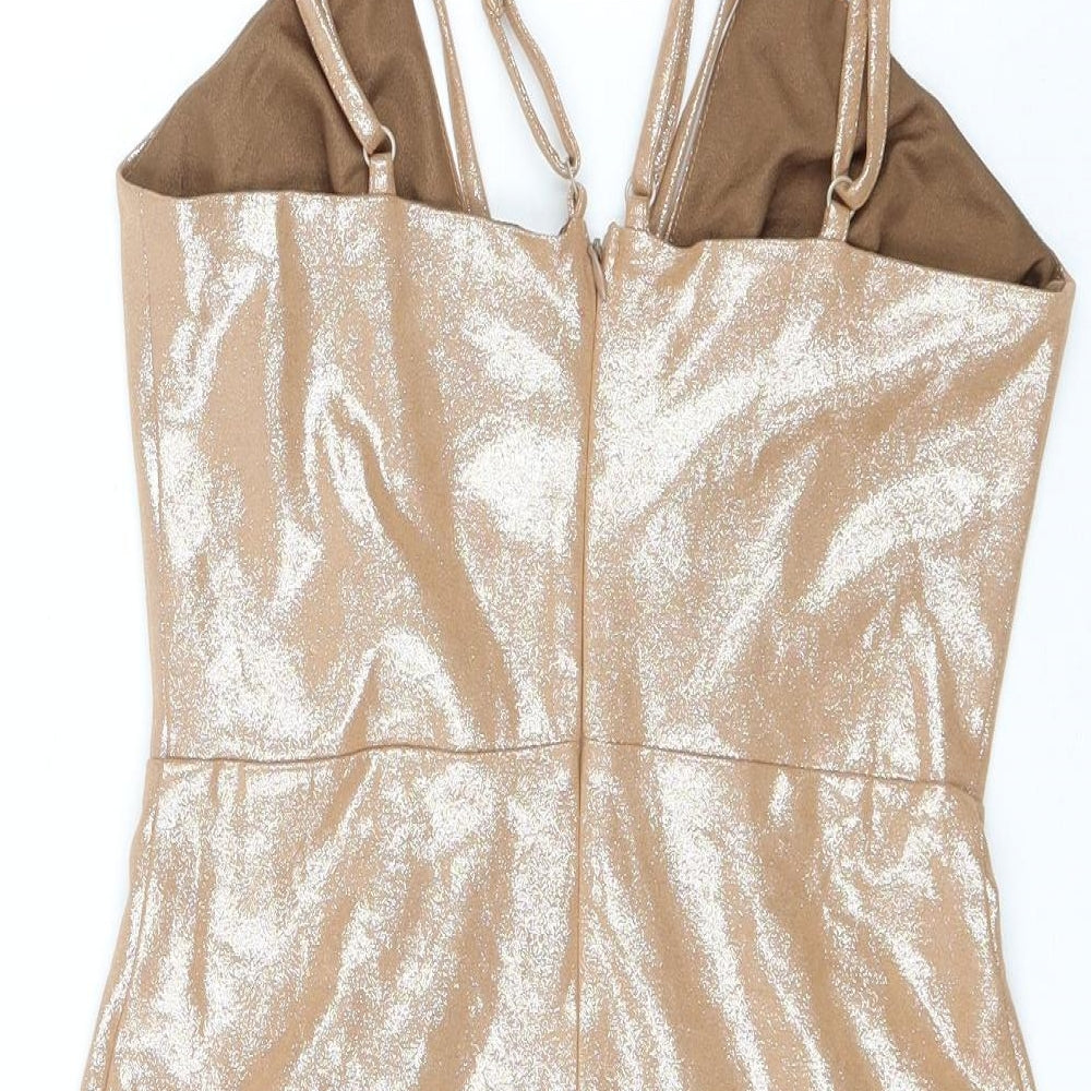 Misguided Womens Gold Polyester Tank Dress Size 8 V-Neck Zip