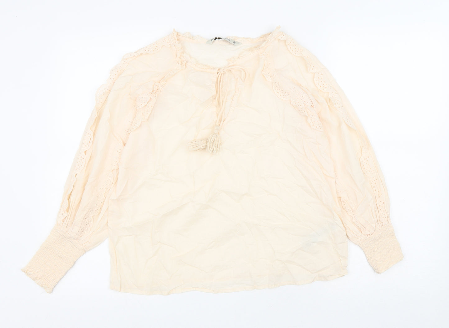Zara Womens Ivory Cotton Basic Blouse Size S V-Neck - Decorative Trim