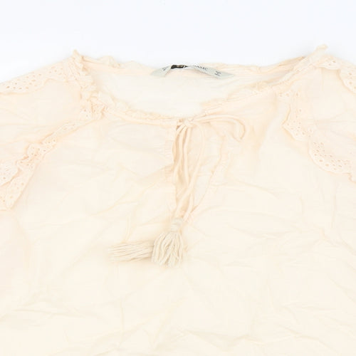 Zara Womens Ivory Cotton Basic Blouse Size S V-Neck - Decorative Trim