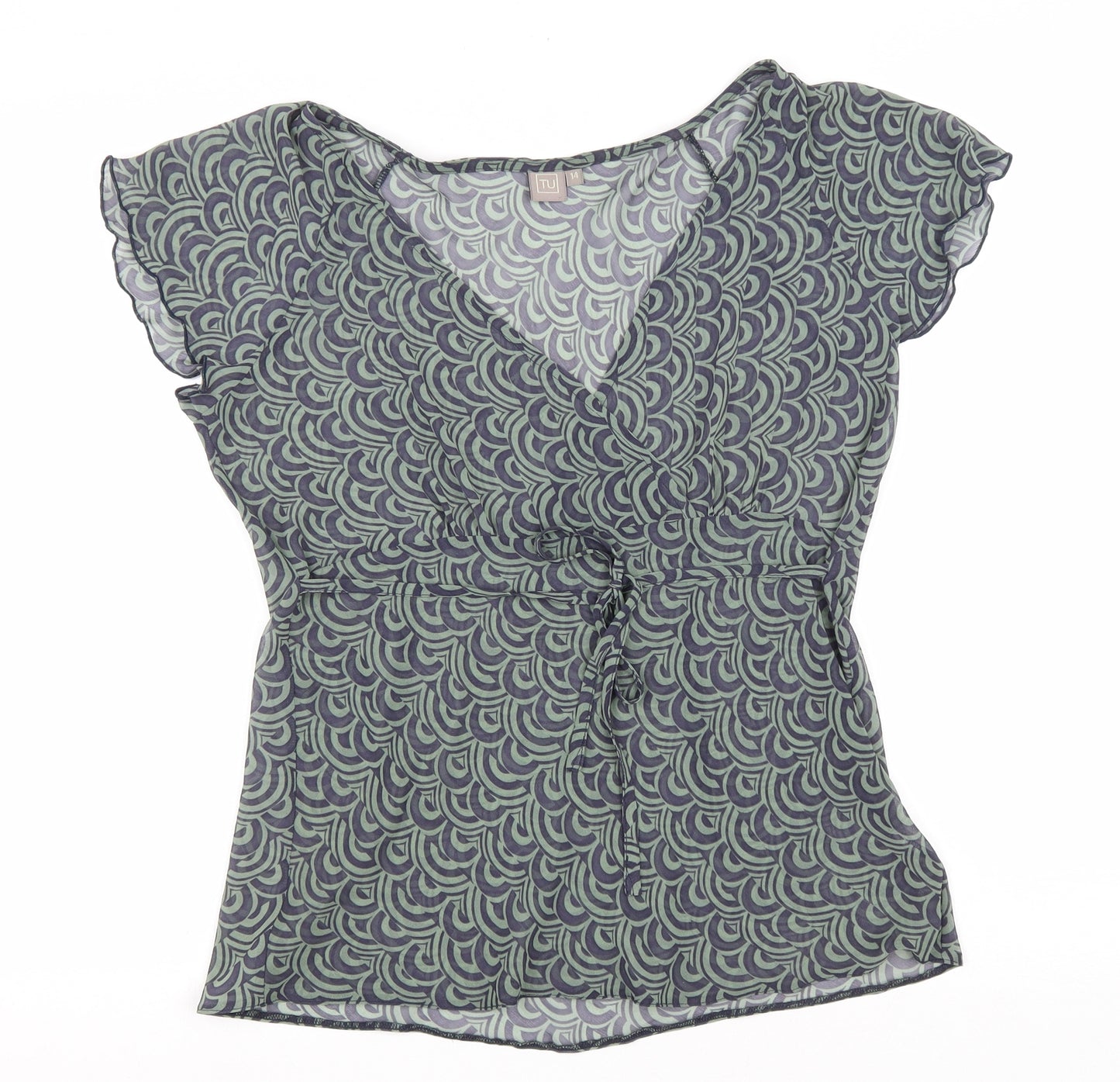 TU Womens Green Geometric Polyester Wrap Blouse Size 14 V-Neck