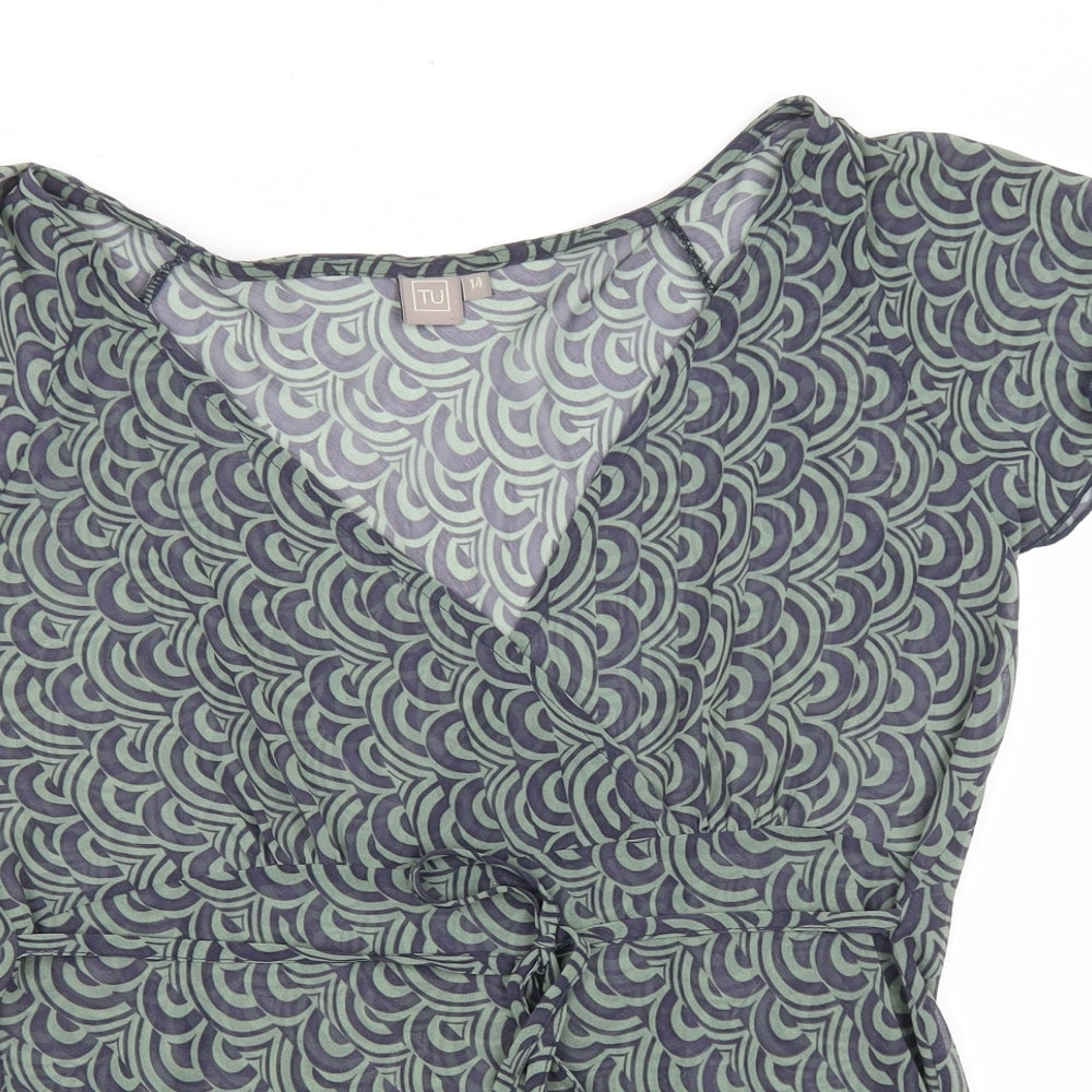 TU Womens Green Geometric Polyester Wrap Blouse Size 14 V-Neck
