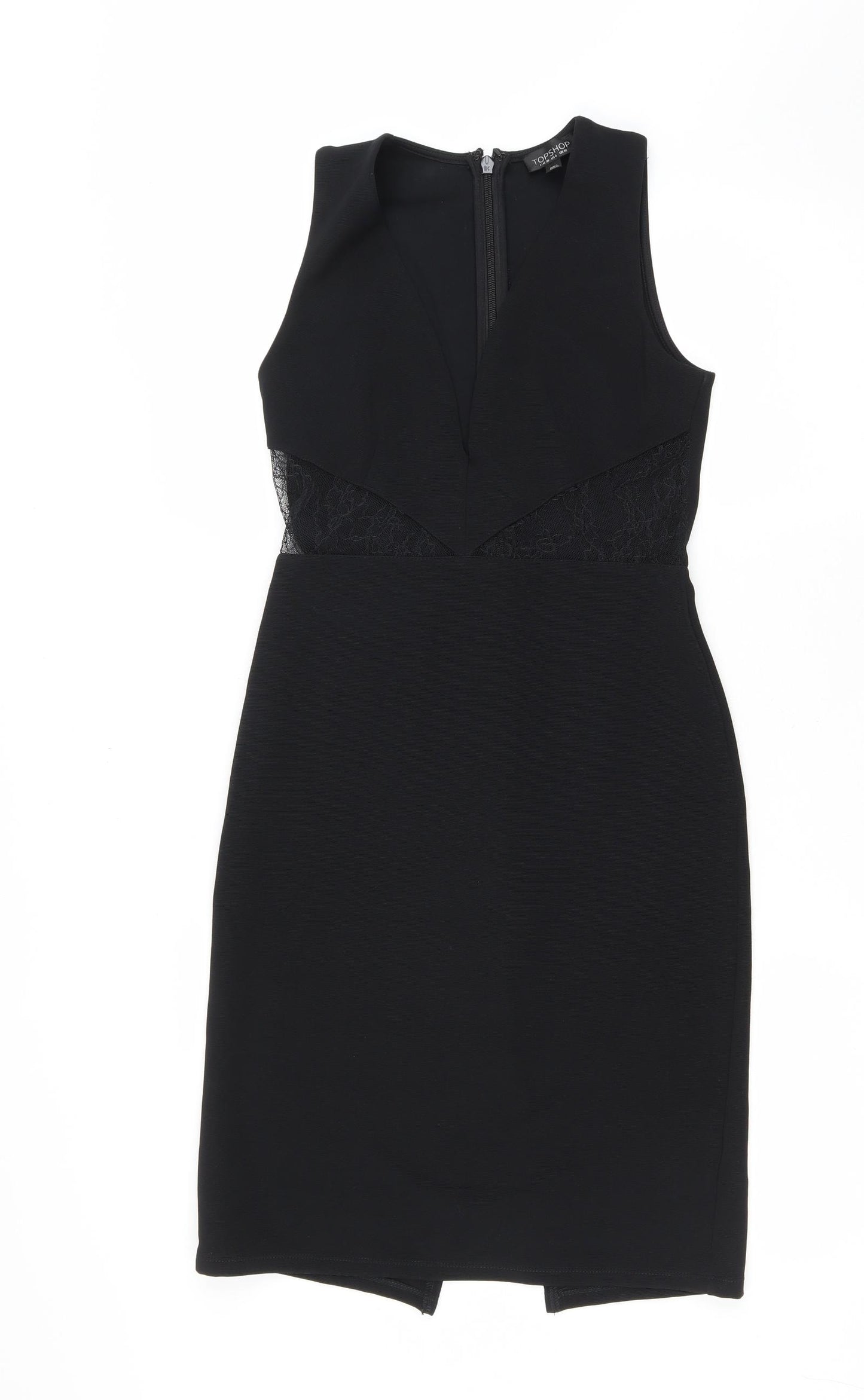Topsop Womens Black Polyester Pencil Dress Size 10 V-Neck Zip - Embroidered Mesh Details