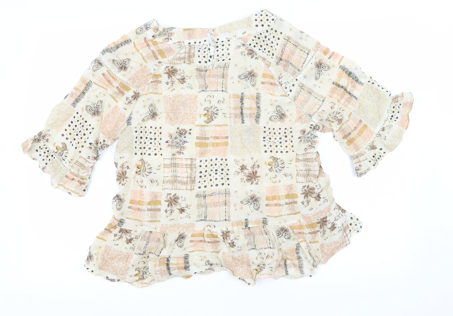 TU Womens Beige Geometric Cotton Basic Blouse Size 14 Boat Neck