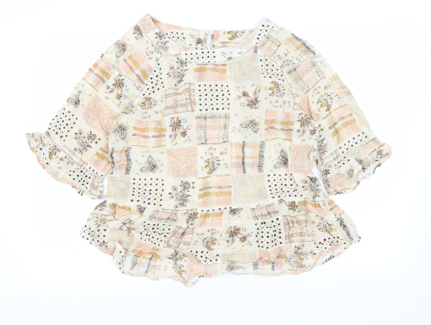 TU Womens Beige Geometric Cotton Basic Blouse Size 14 Boat Neck