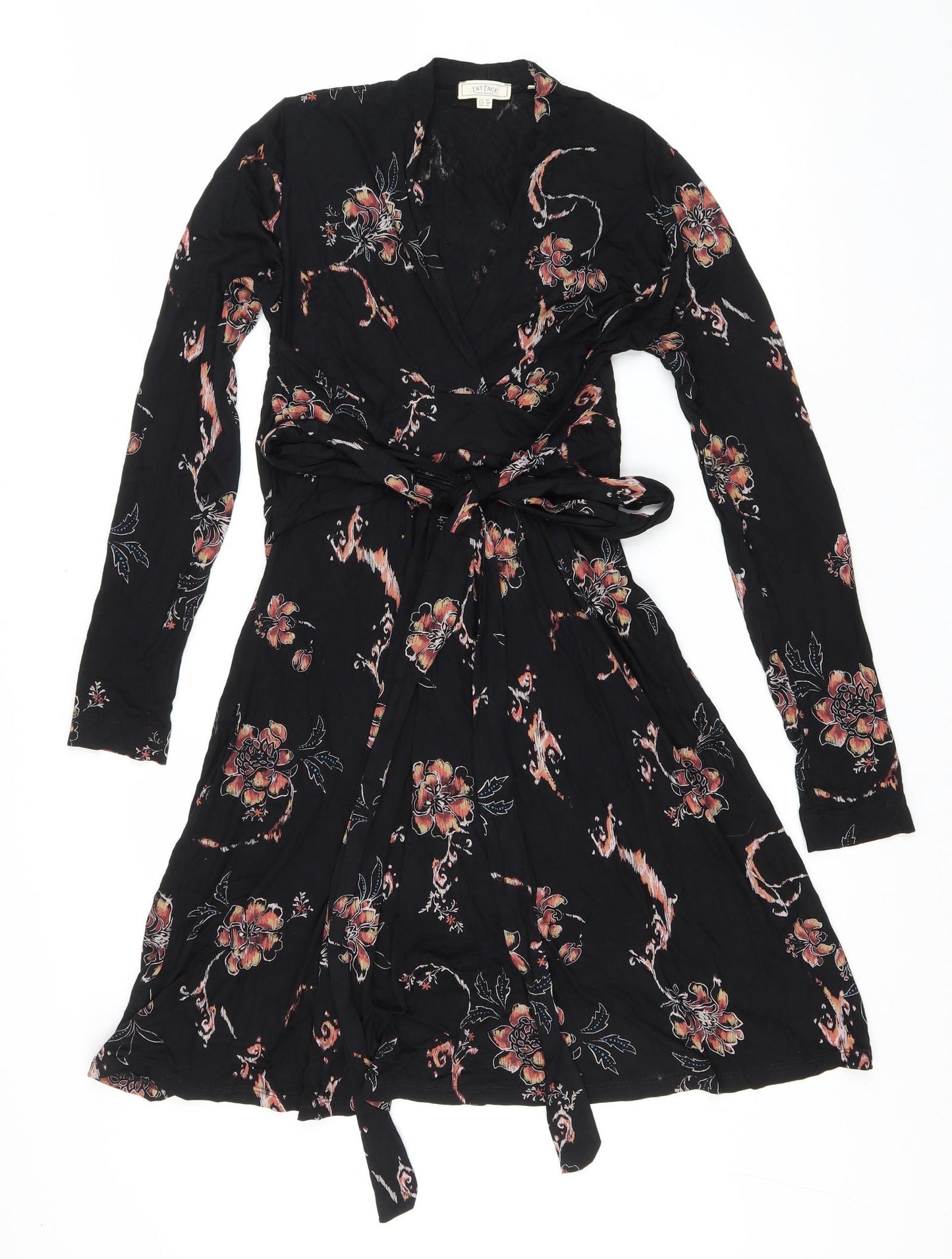 Fat Face Womens Black Floral Viscose Fit & Flare Size 8 V-Neck Pullover