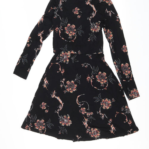 Fat Face Womens Black Floral Viscose Fit & Flare Size 8 V-Neck Pullover
