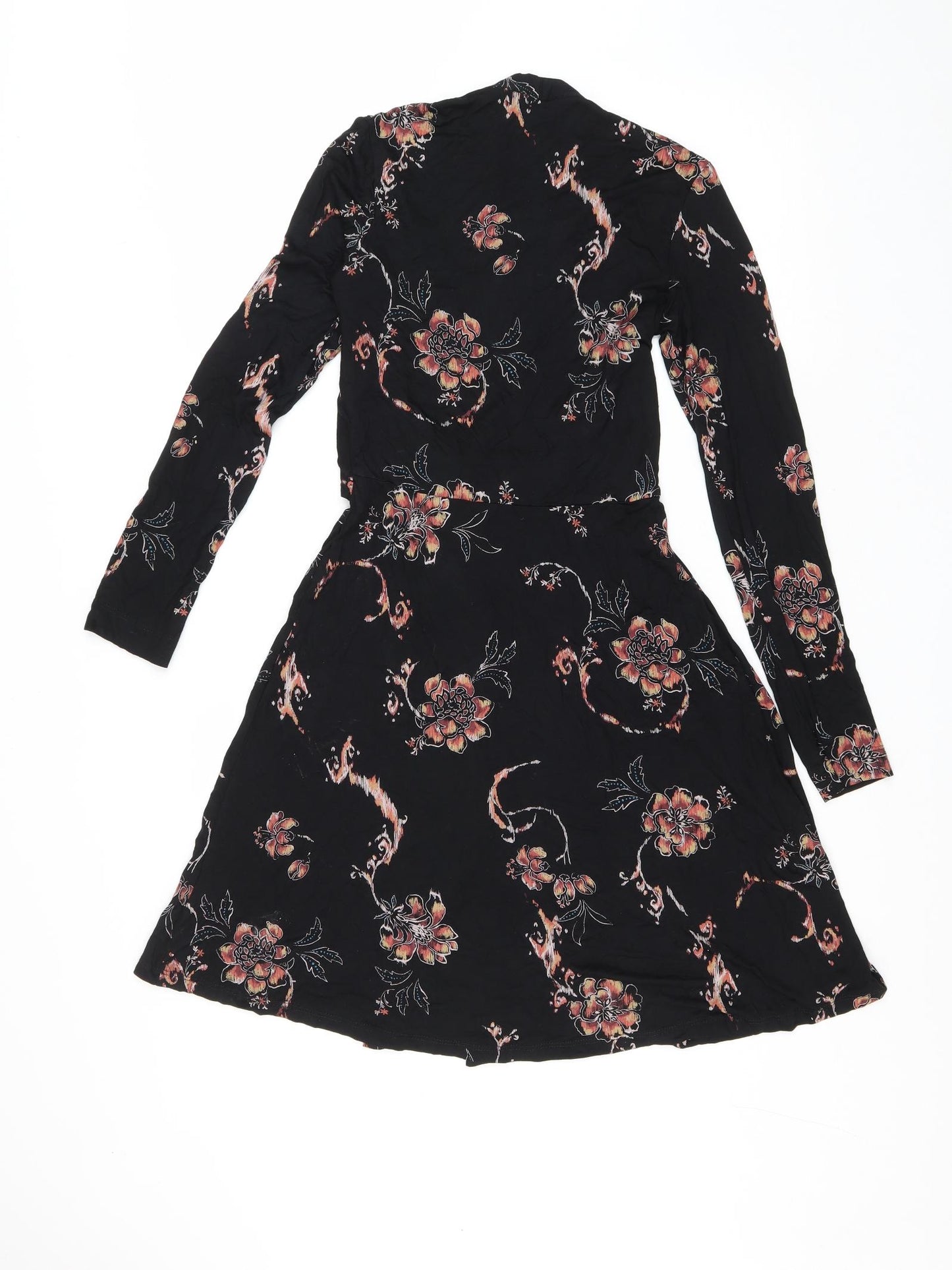 Fat Face Womens Black Floral Viscose Fit & Flare Size 8 V-Neck Pullover