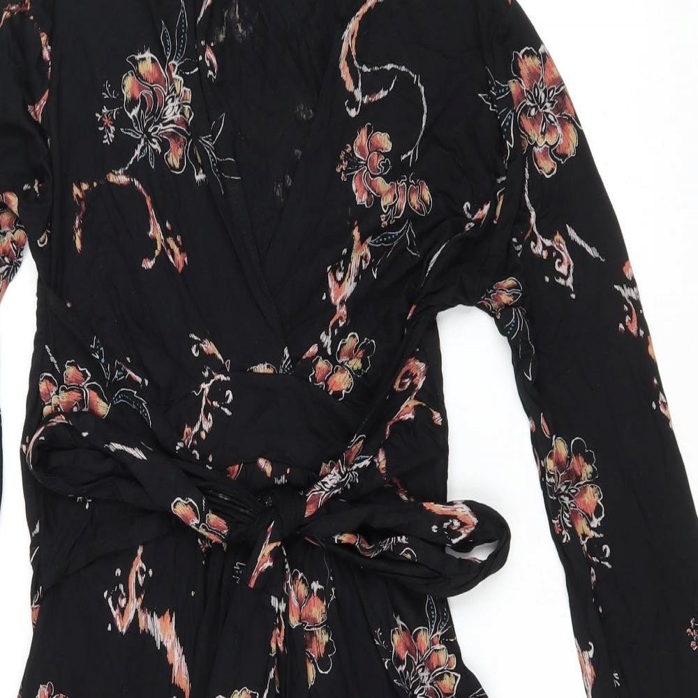 Fat Face Womens Black Floral Viscose Fit & Flare Size 8 V-Neck Pullover