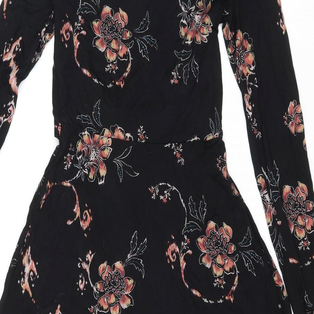 Fat Face Womens Black Floral Viscose Fit & Flare Size 8 V-Neck Pullover