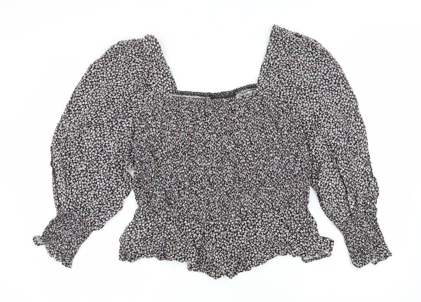 New Look Womens Black Floral Viscose Basic Blouse Size 14 Square Neck