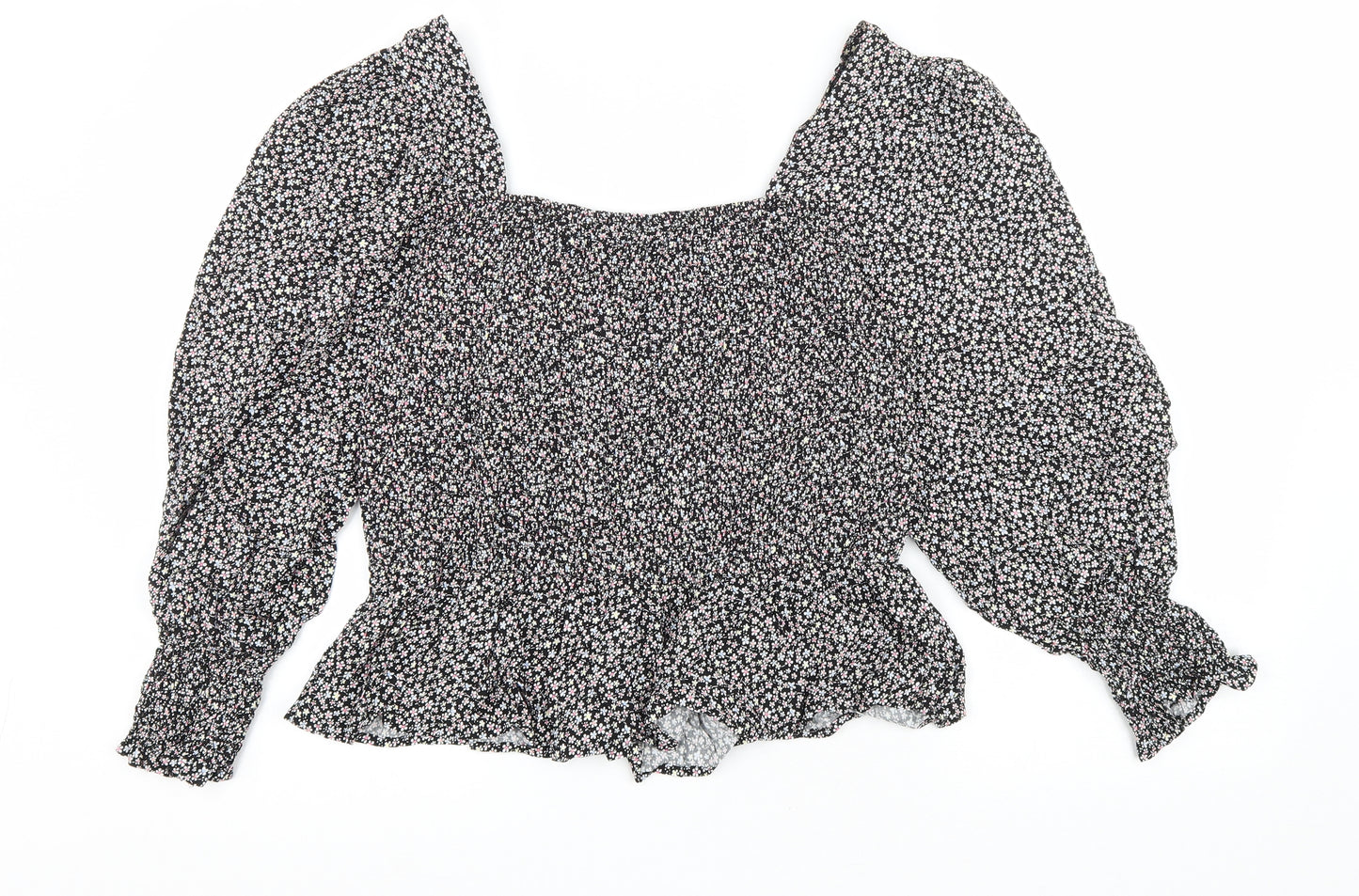 New Look Womens Black Floral Viscose Basic Blouse Size 14 Square Neck