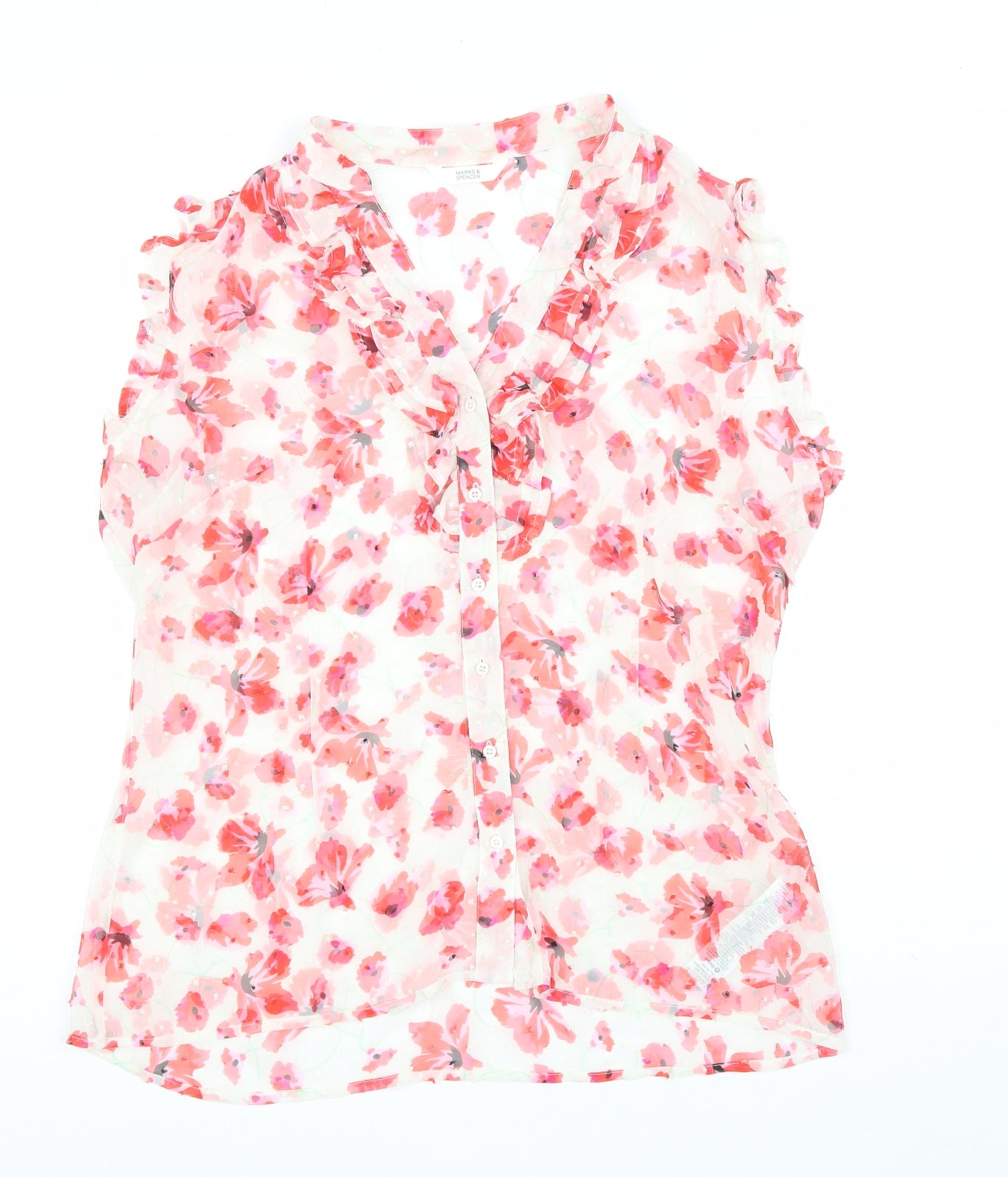 Marks and Spencer Womens White Floral Polyester Basic Button-Up Size 14 V-Neck
