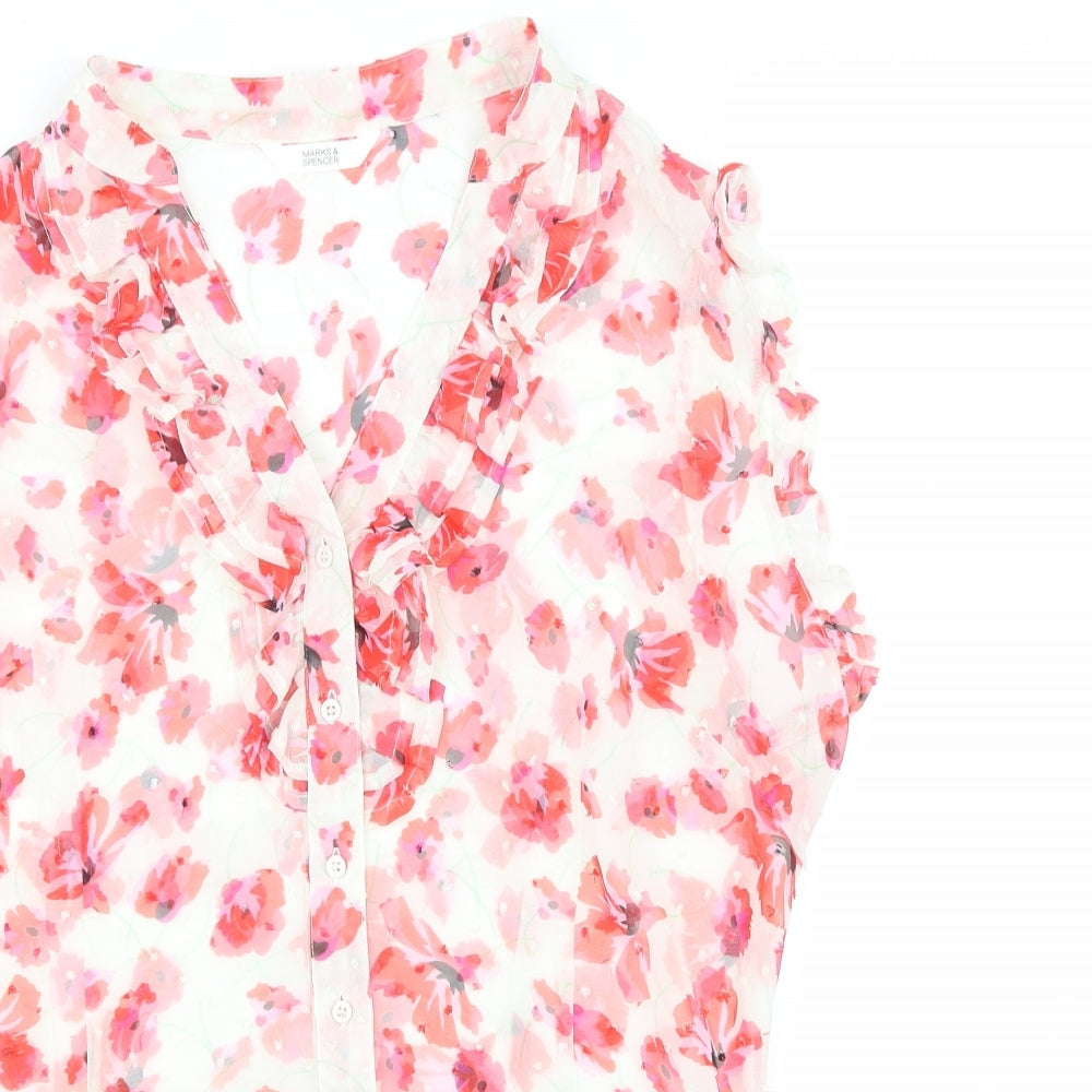 Marks and Spencer Womens White Floral Polyester Basic Button-Up Size 14 V-Neck