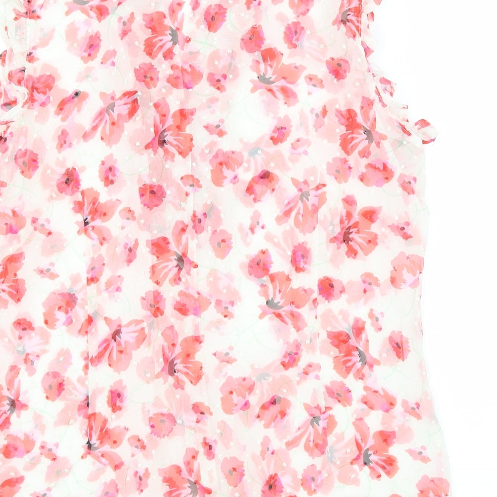 Marks and Spencer Womens White Floral Polyester Basic Button-Up Size 14 V-Neck