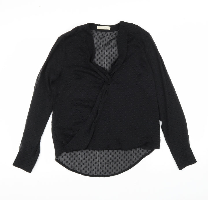 Oasis Womens Black Geometric Polyester Basic Blouse Size 10 V-Neck - wrap detail
