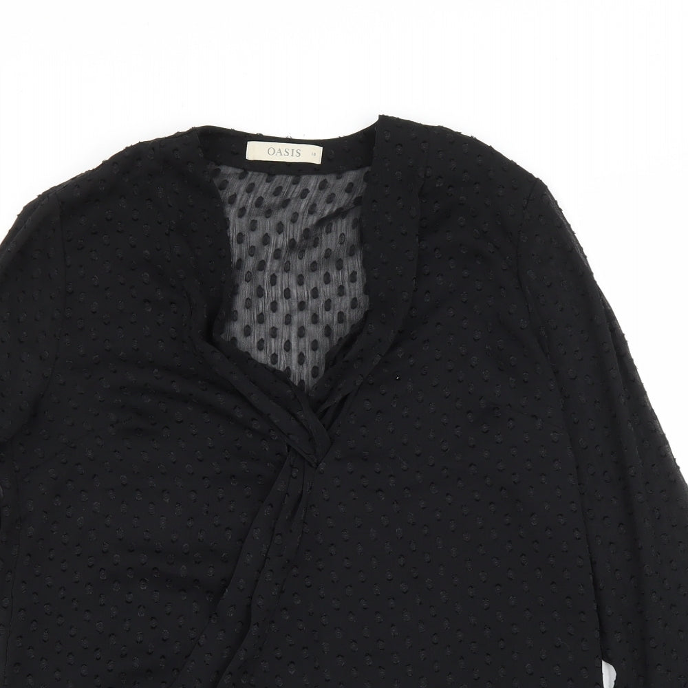 Oasis Womens Black Geometric Polyester Basic Blouse Size 10 V-Neck - wrap detail