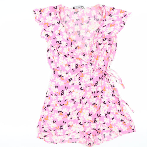 Bershka Womens Pink Floral Viscose Playsuit One-Piece Size M Zip - wrap front style