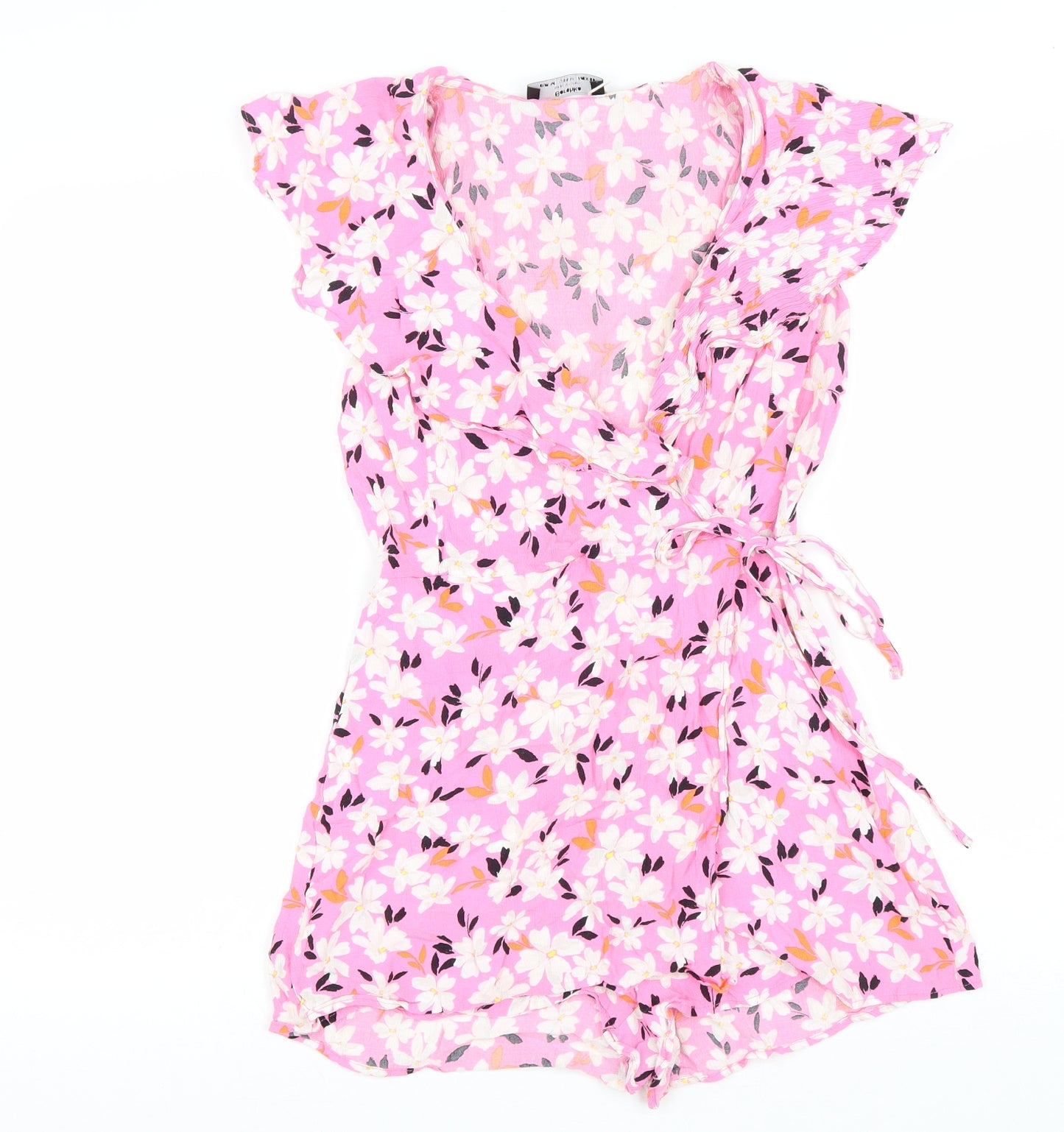 Bershka Womens Pink Floral Viscose Playsuit One-Piece Size M Zip - wrap front style