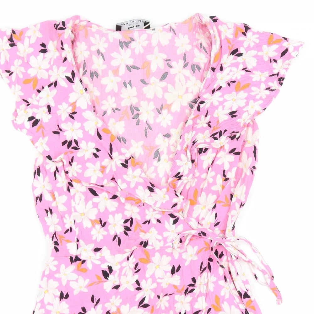 Bershka Womens Pink Floral Viscose Playsuit One-Piece Size M Zip - wrap front style